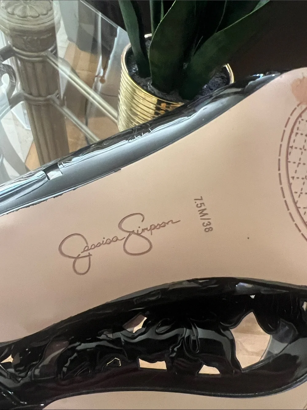 Jessica Simpson Black Patent Pointed Toe Pumps with Floral Embossing